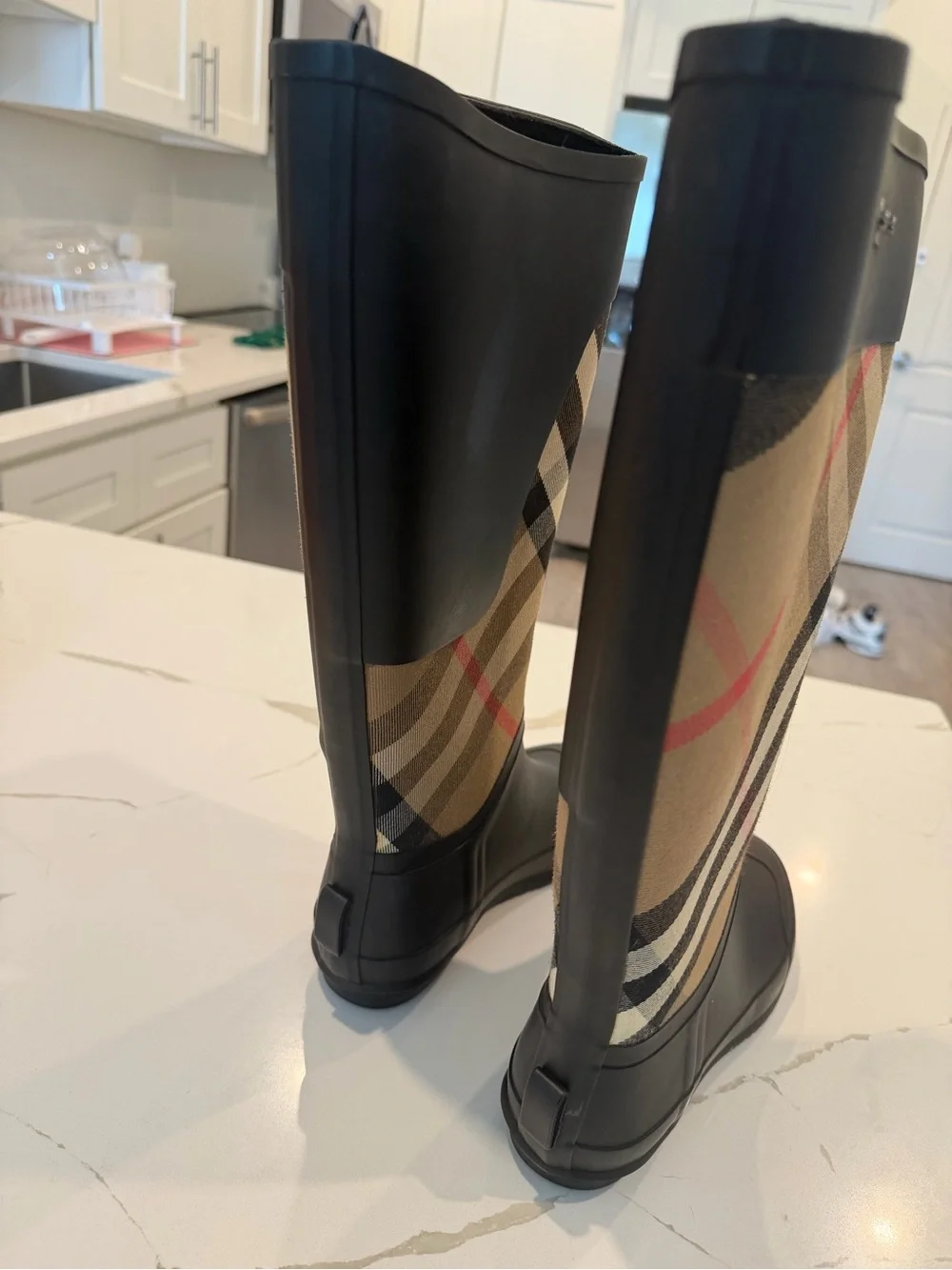 Burberry Black Rubber & Vintage Check Tall Rain Boots